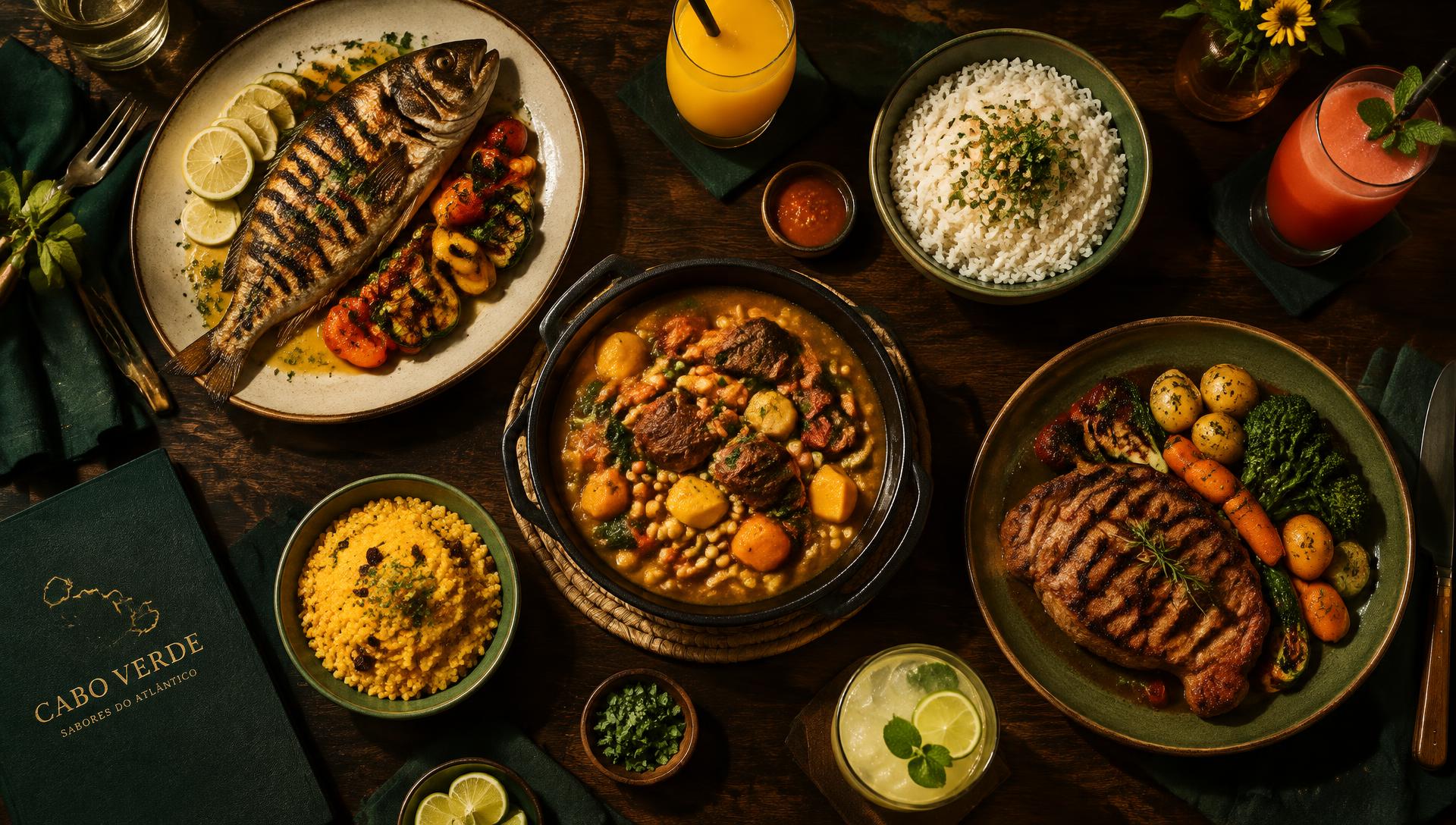 Mesa com peixe grelhado, carne, cachupa, arroz e sumos naturais