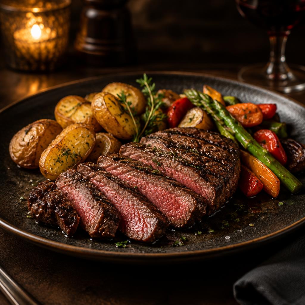 Carne grelhada fatiada com batatas e legumes