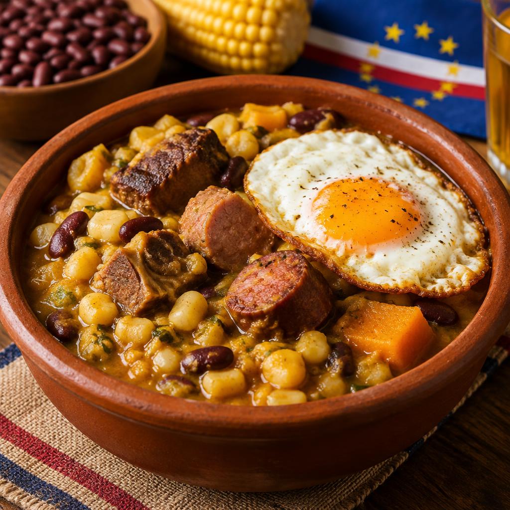 Cachupa tradicional cabo-verdiana com ovo estrelado